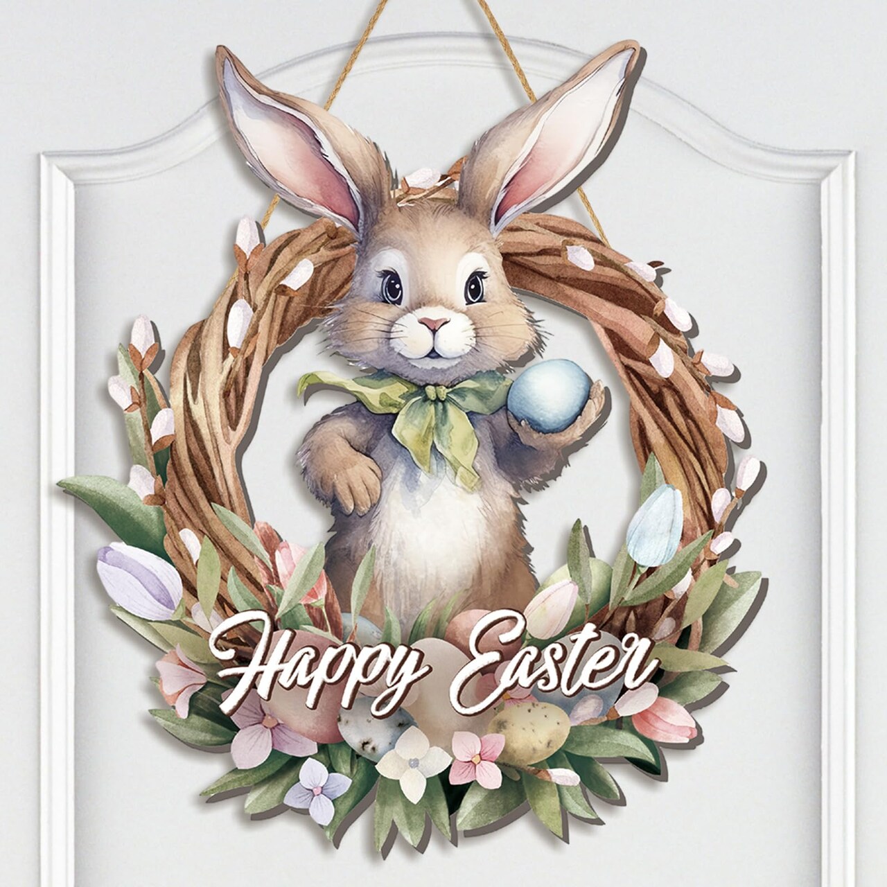 Queekay Easter Wreaths for Front Door Wooden Easter Sign 12.6 x 14.6 Inch Hanging Door Sign Decorations Wreath for Spring Holiday Coffee Shop Bakery(Bunny)